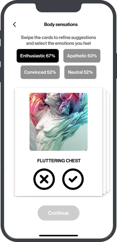 Example screen of the Animi application showing bodily emotion compass identification tool for alexithymia
