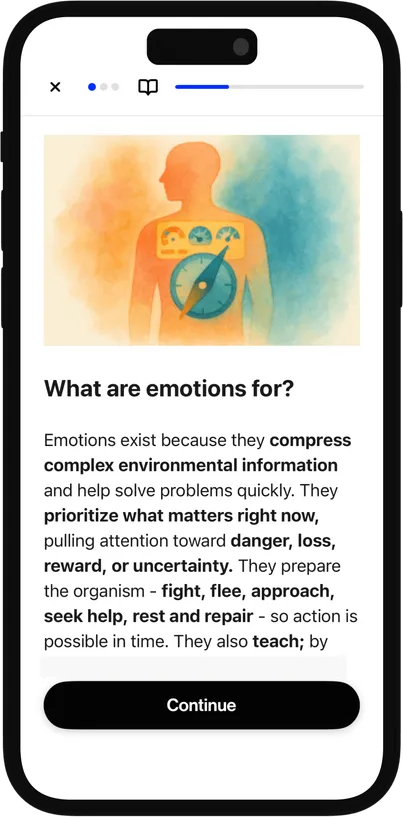 Example screen of the Animi application showing the Emotions 101 course