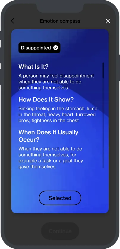 Example screen of the Animi application showing emotion encyclopedia tool with context about emotions