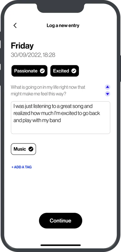 Example screen of the Animi application showing introspective journaling tool