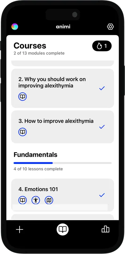 Example screen of the Animi application showing lessons for alexithymia treatment