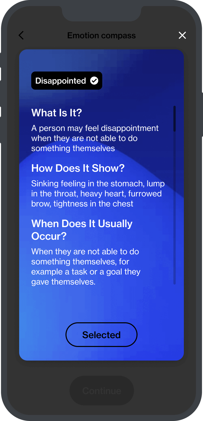 Example screen of the Animi application showing emotion encyclopedia tool with context about emotions