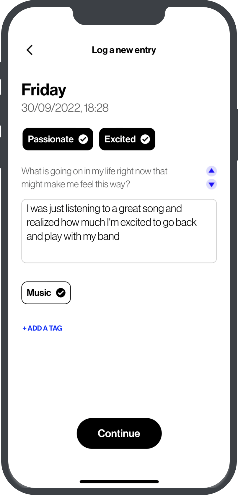 Example screen of the Animi application showing introspective journaling tool